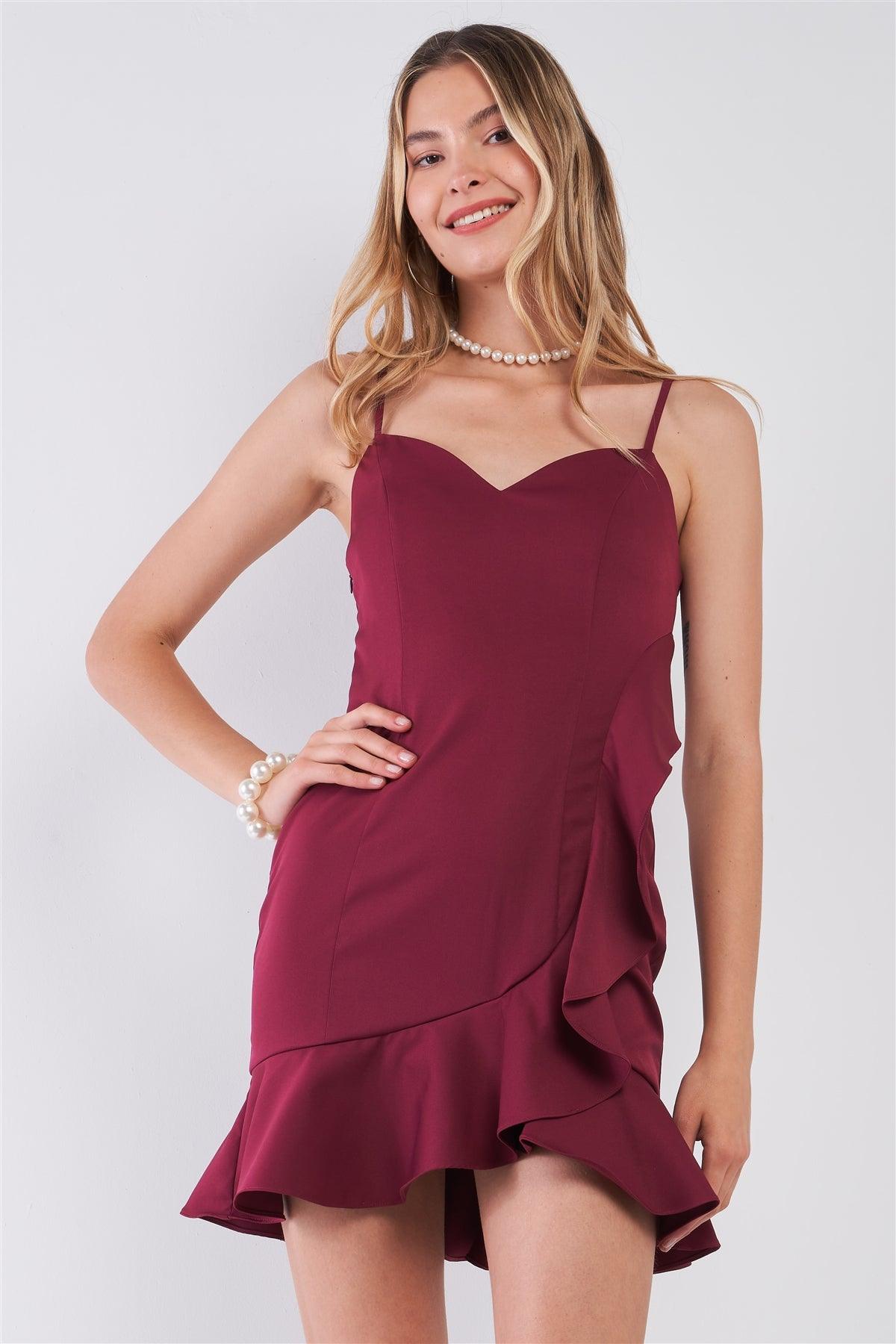 Burgundy Sleeveless Sweetheart Neck Ruffle Trim Wrap Mini Dress /3-2