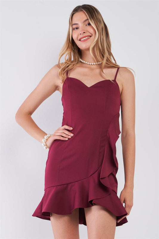 Burgundy Sleeveless Sweetheart Neck Ruffle Trim Wrap Mini Dress /3-2