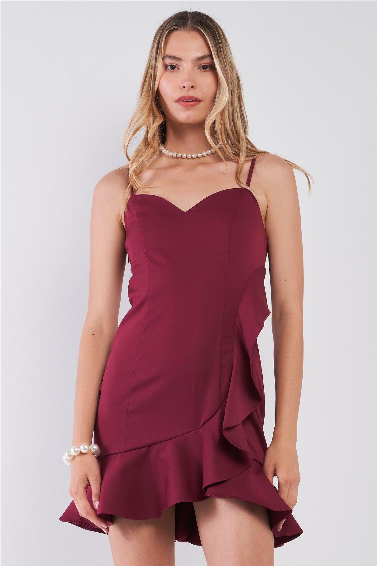 Burgundy Sleeveless Sweetheart Neck Ruffle Trim Wrap Mini Dress /1-2-2-1