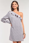 Blow Me A Kiss! Grey Lip Print One-Shoulder Ruffle Relaxed Fit Mini Dress /1-2-2-1