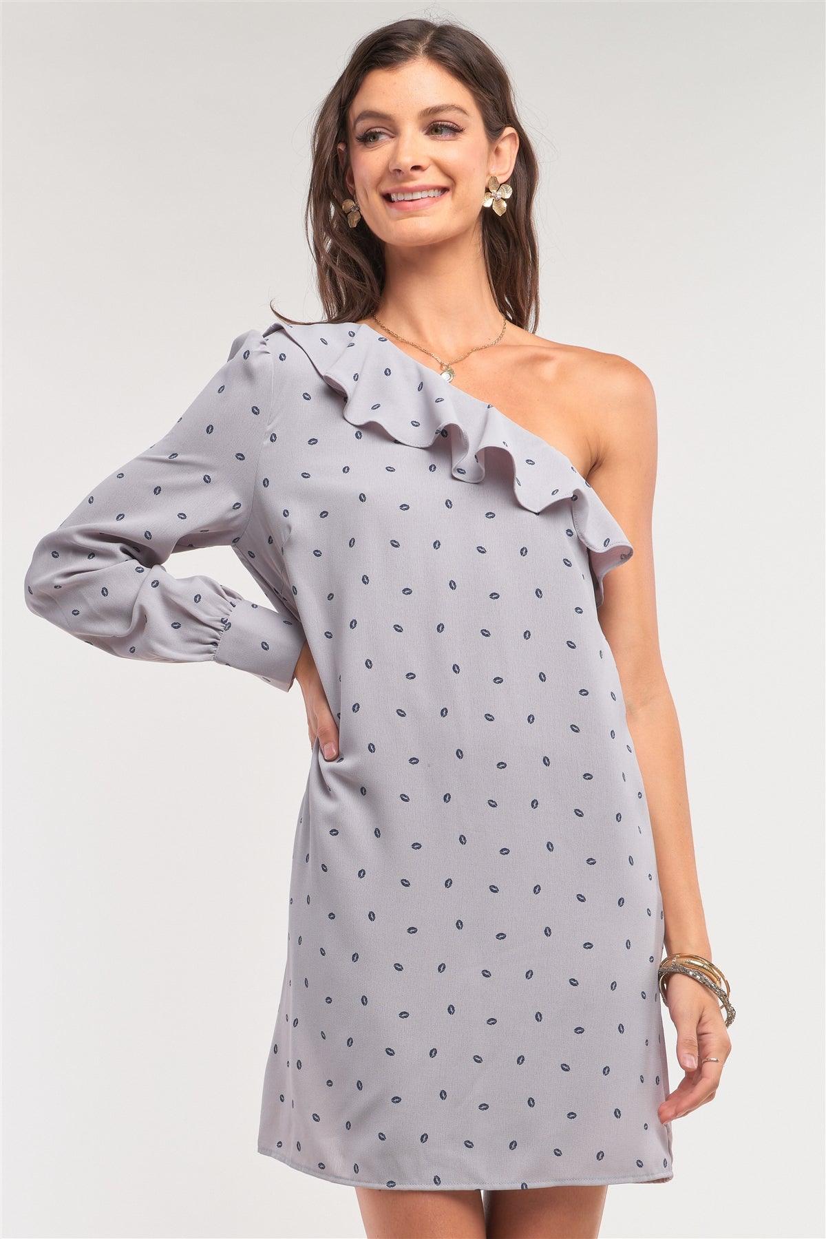 Blow Me A Kiss! Grey Lip Print One-Shoulder Ruffle Relaxed Fit Mini Dress /1-2-2-1