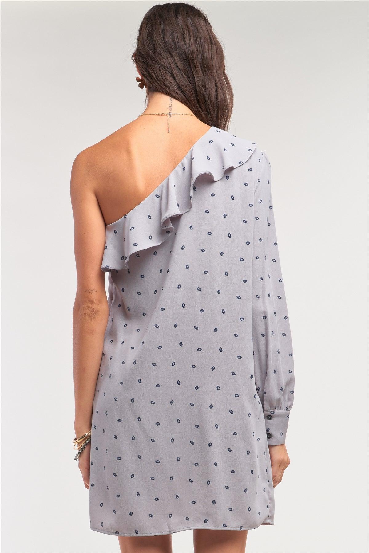 Blow Me A Kiss! Grey Lip Print One-Shoulder Ruffle Relaxed Fit Mini Dress /1-2-2-1