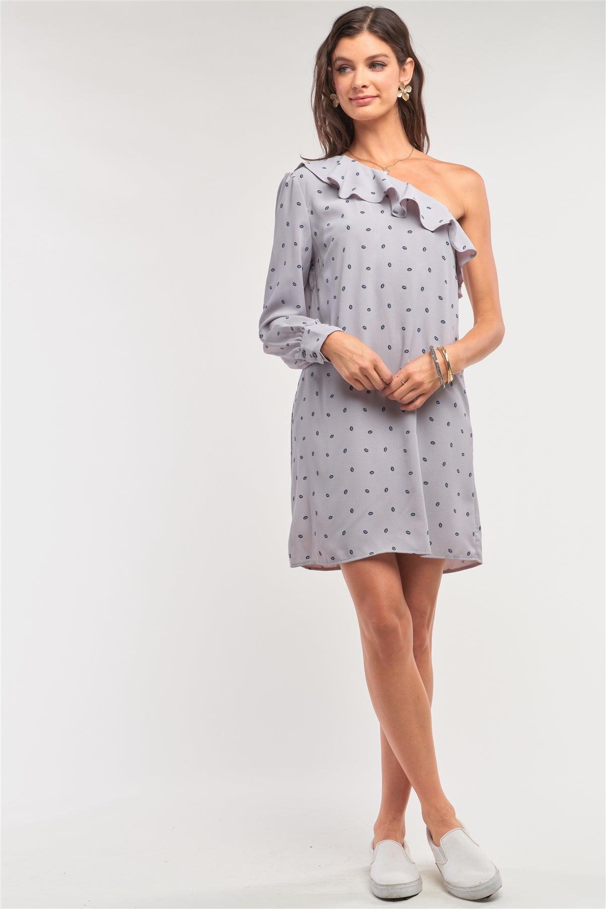 Blow Me A Kiss! Grey Lip Print One-Shoulder Ruffle Relaxed Fit Mini Dress /1-2-2-1