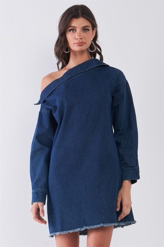 Medium Blue Denim Lapeled One-Shoulder Detail Long Sleeve Raw Hem Mini Dress