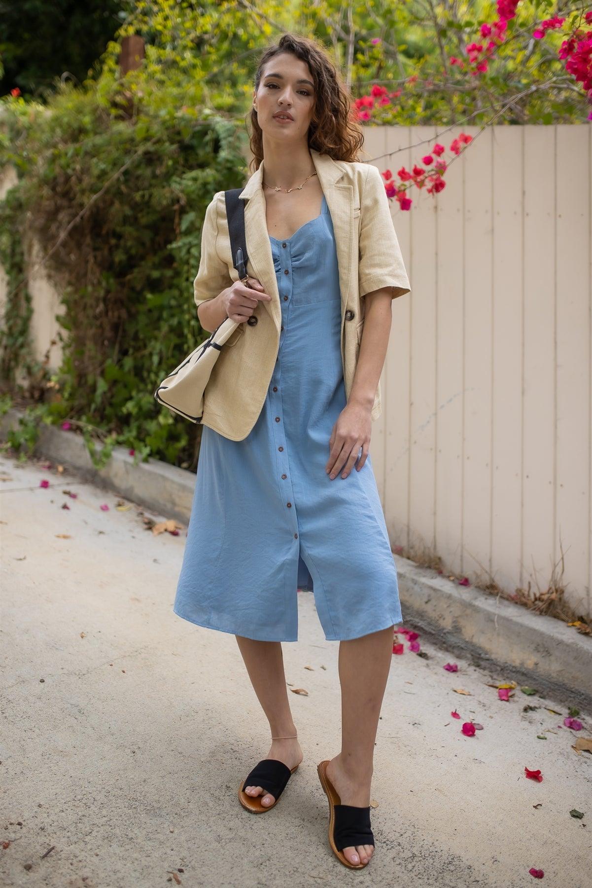 Sky Blue Front Button Up Strappy Midi Dress /1-2-2-1