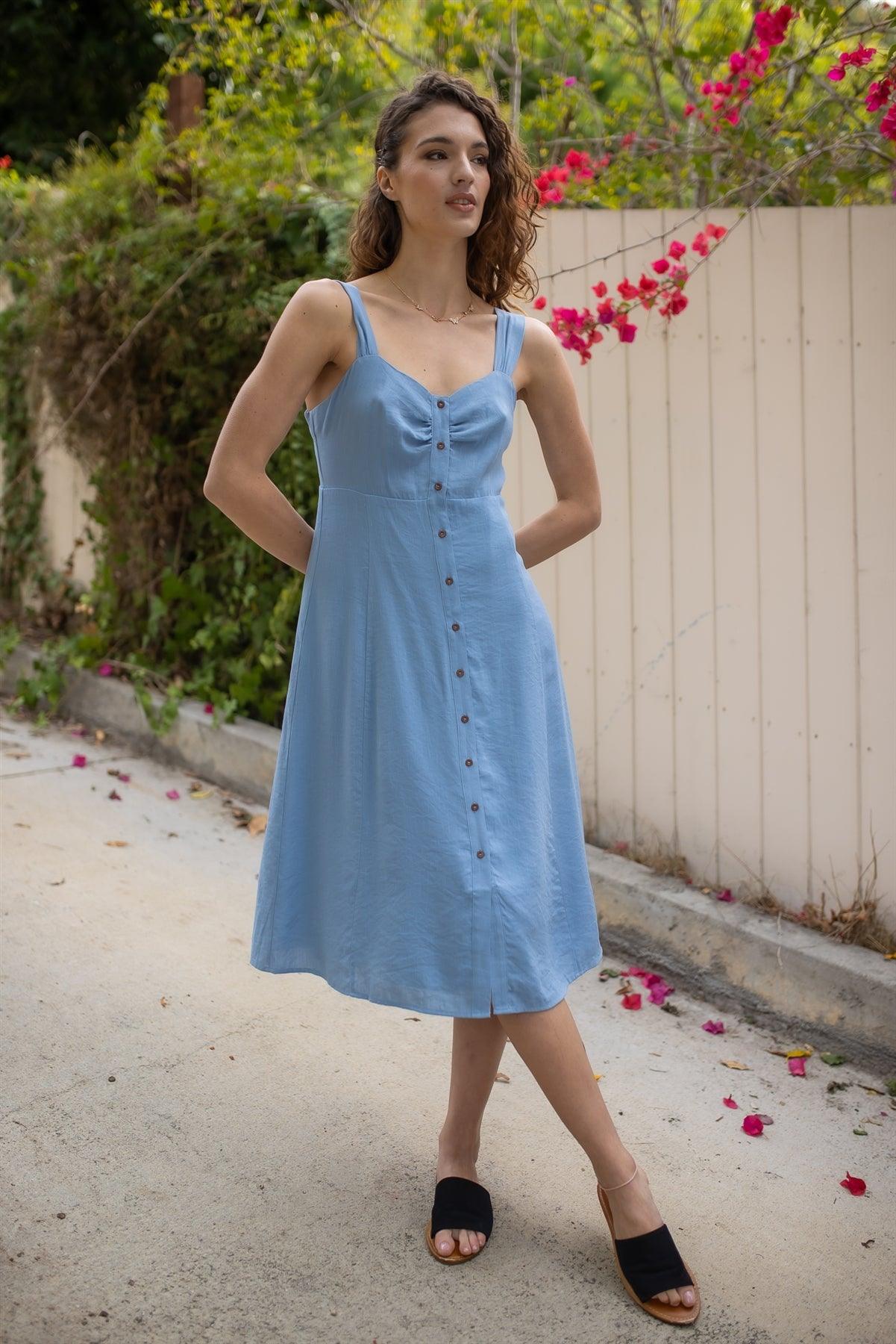 Sky Blue Front Button Up Strappy Midi Dress /1-2-2-1