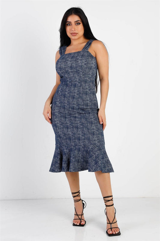 Navy Textured Print Flare Hem Sleeveless Bodycon Midi Dress /1-2-2-1