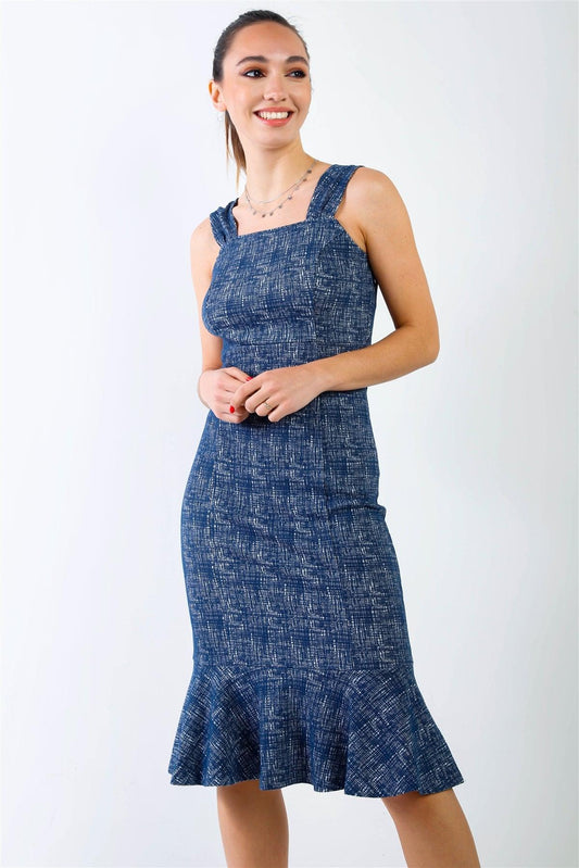 Navy Textured Print Flare Hem Sleeveless Bodycon Midi Dress /2-1-2-1