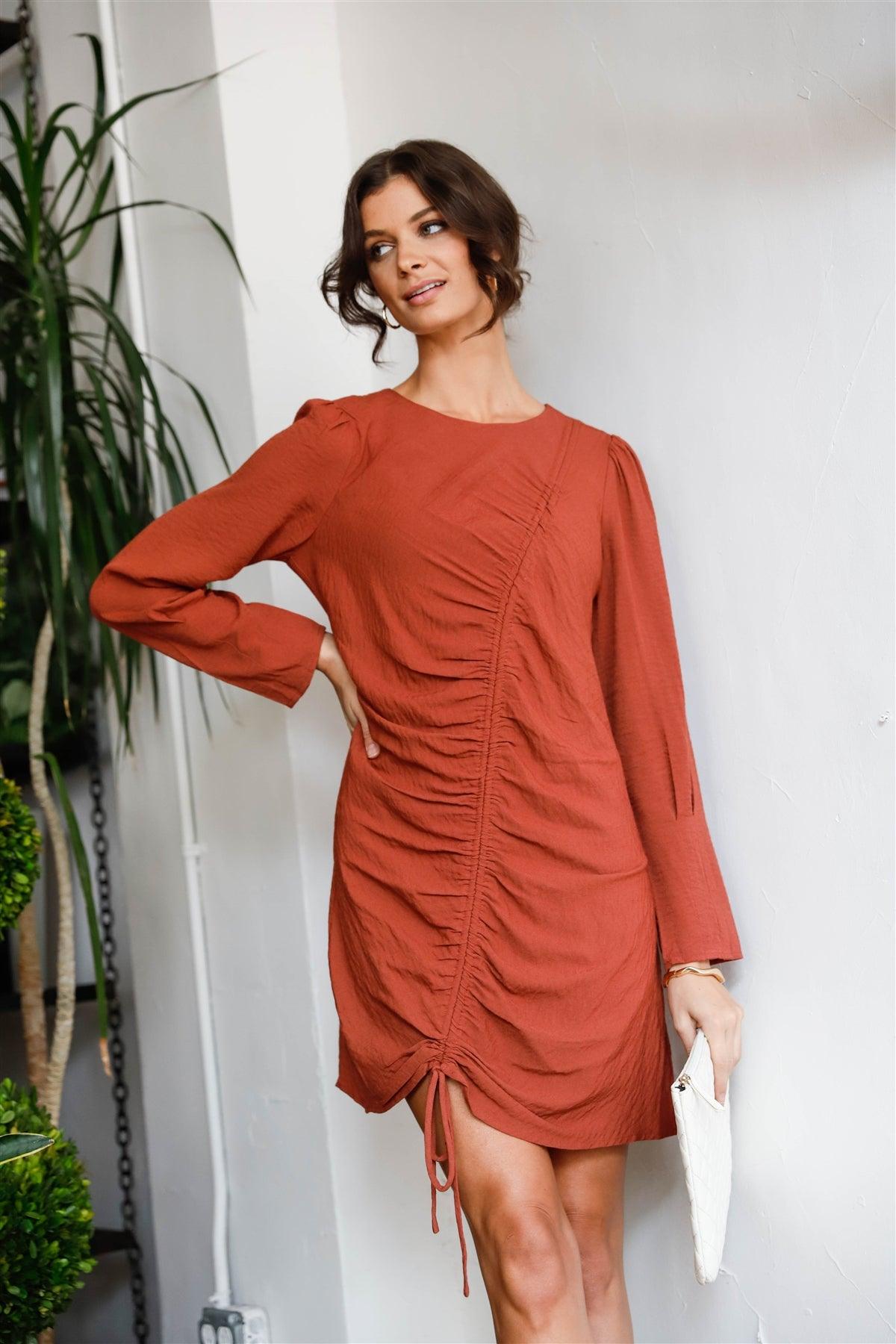 Terracotta Textured Asymmetric Front Lace Tie Drap Mini Dress /1-2-2-1