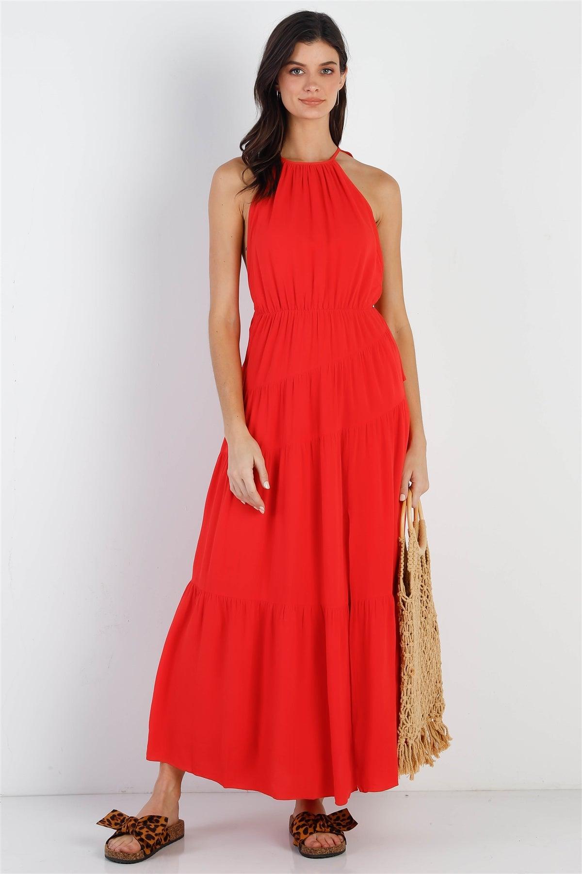 Red Linen Ruffle Criss Cross Back Side Slit Maxi Dress /1-2-2-1