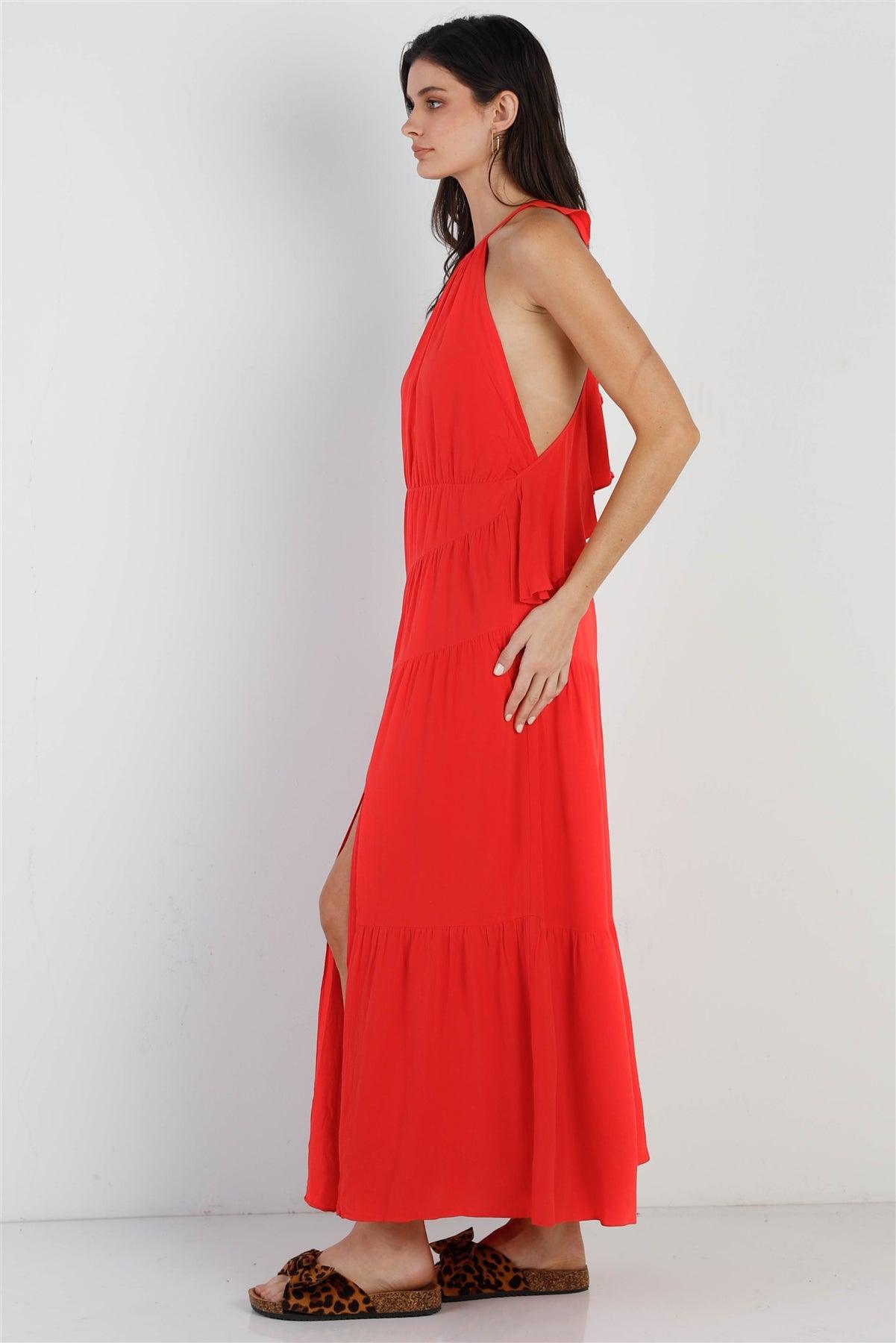 Red Linen Ruffle Criss Cross Back Side Slit Maxi Dress /1-2-2-1