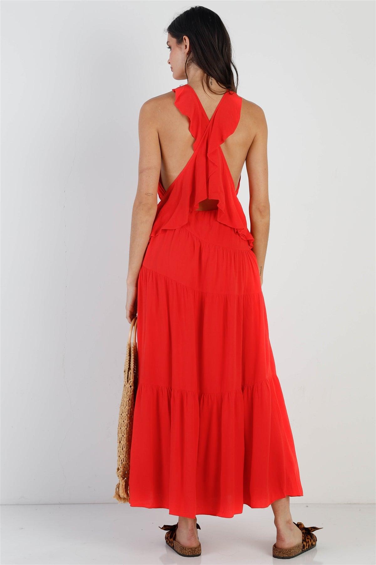 Red Linen Ruffle Criss Cross Back Side Slit Maxi Dress /1-2-2-1