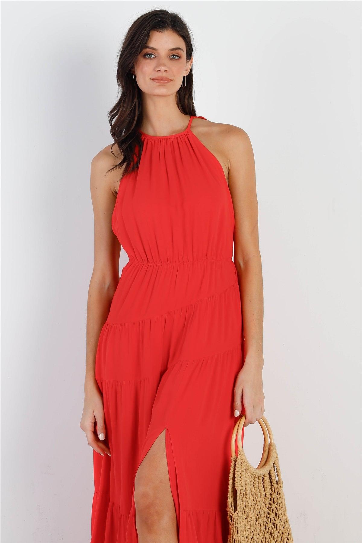 Red Linen Ruffle Criss Cross Back Side Slit Maxi Dress /1-2-2-1