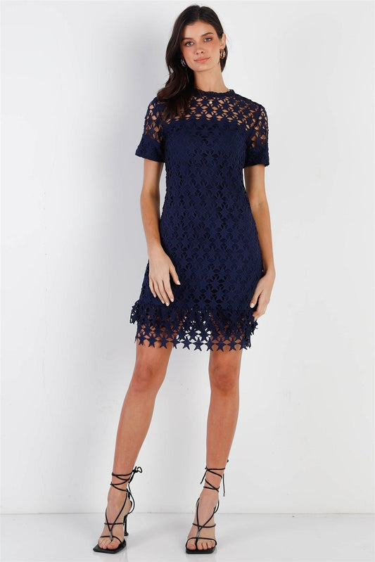 Navy Embroidered Mock Neck Mini Dress /1-3-1