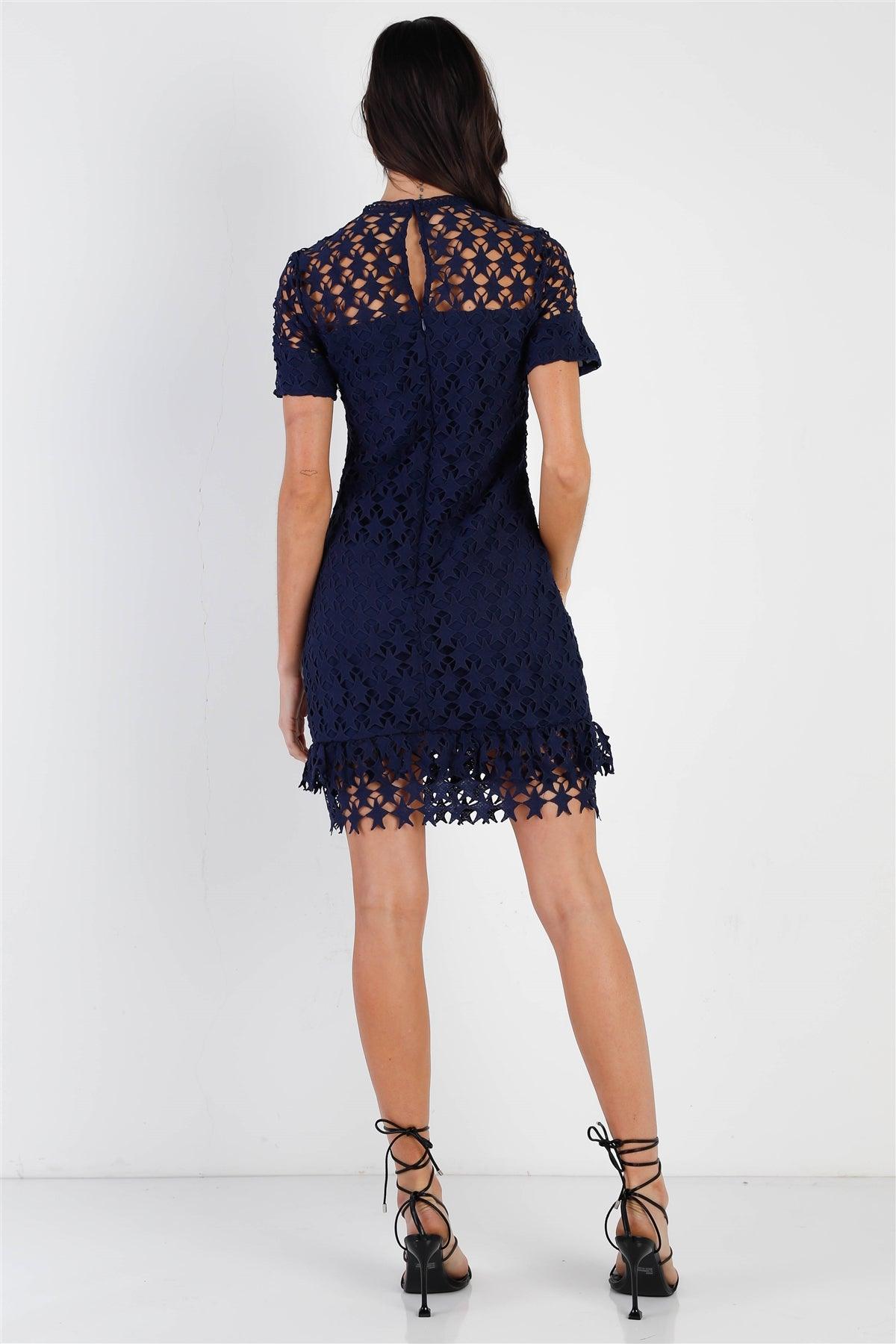 Navy Embroidered Mock Neck Mini Dress /1-2-2-1