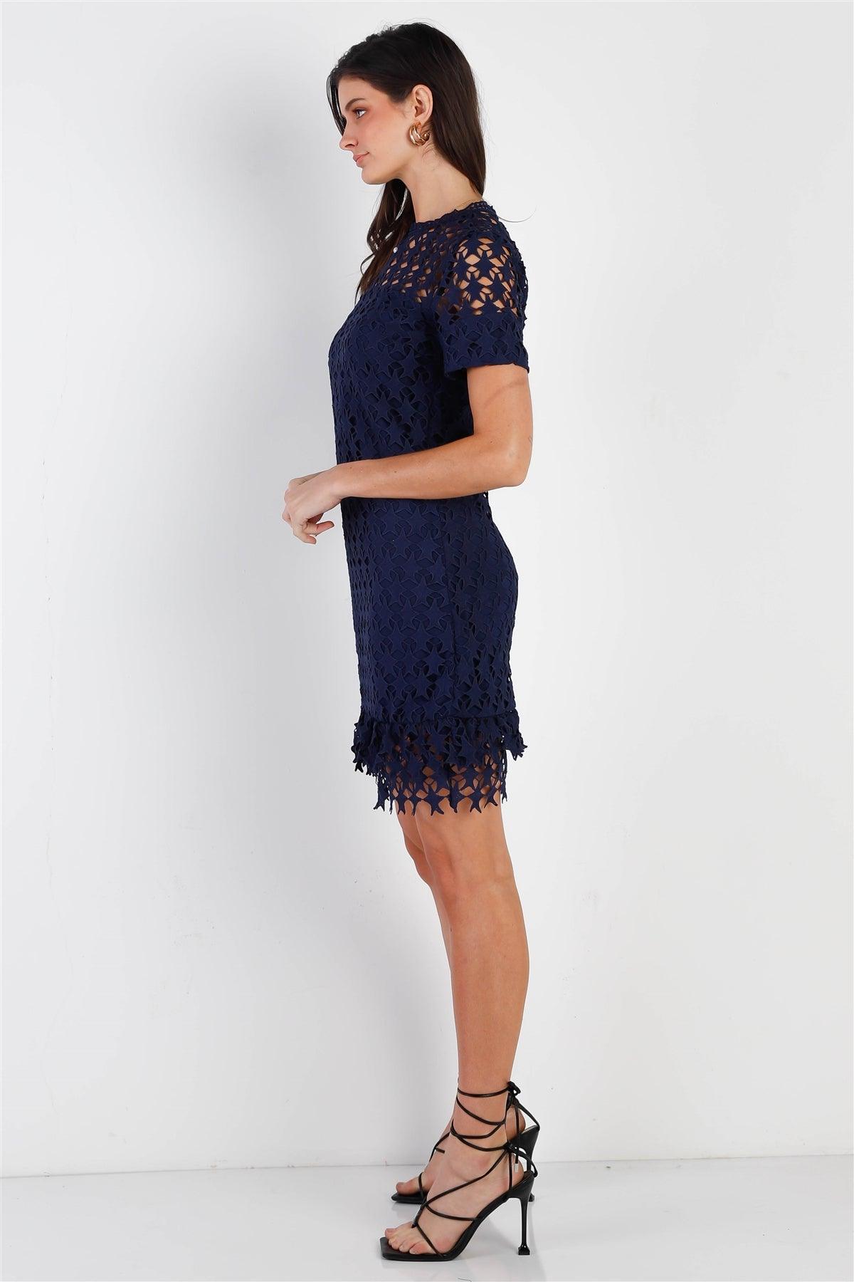 Navy Embroidered Mock Neck Mini Dress /1-2-2-1