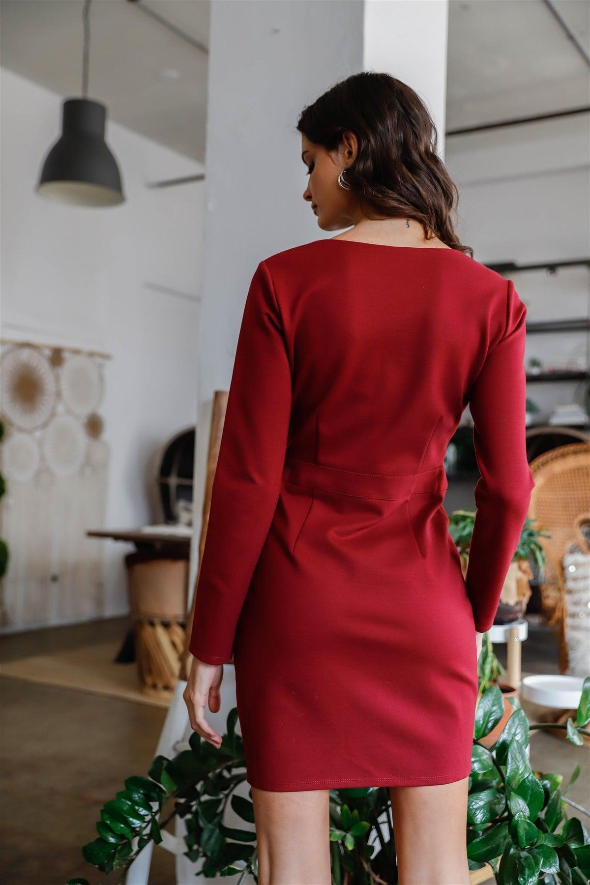 Burgundy Lace Up Detail V-Neck Asymmetrical Hem Mini Dress /1-2-3-1