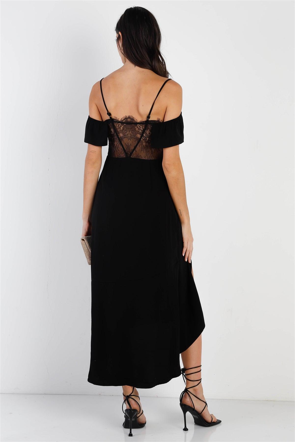 Black Off-The-Shoulder Ruffle Ruched Collar Lace Back Detail Midi Dress /1-2-2-1