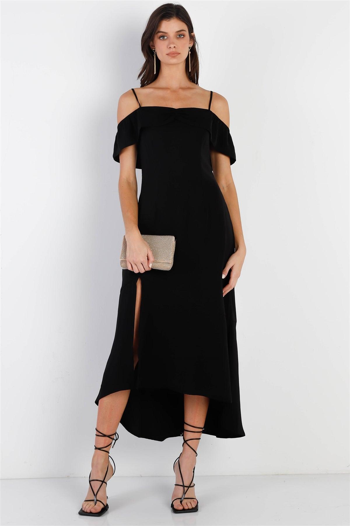 Black Off-The-Shoulder Ruffle Ruched Collar Lace Back Detail Midi Dress /1-2-2-1