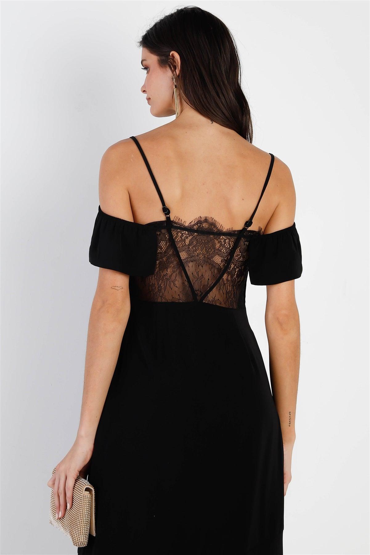 Black Off-The-Shoulder Ruffle Ruched Collar Lace Back Detail Midi Dress /1-2-2-1