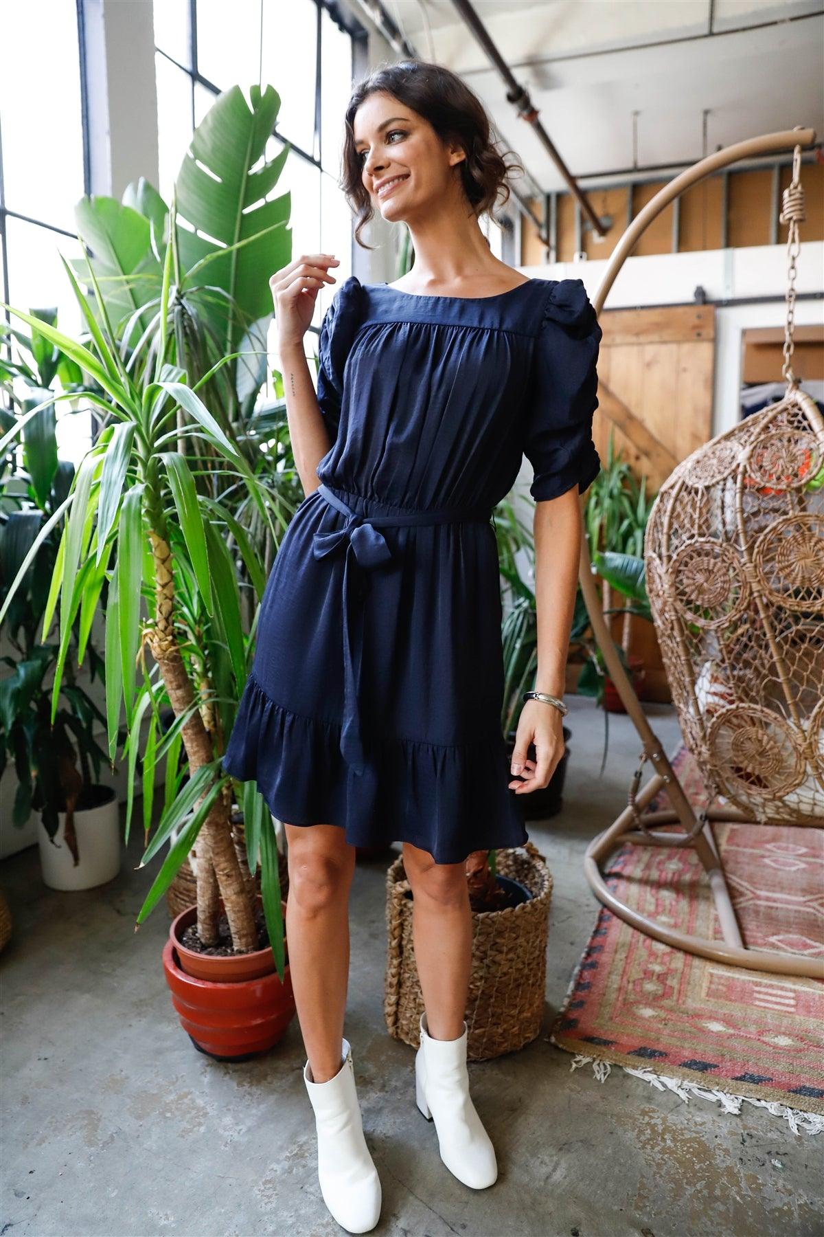 Navy Satin Effect Ruffle Hem Self-Tie Gathered Puff Sleeve Mini Dress /1-2-1-2