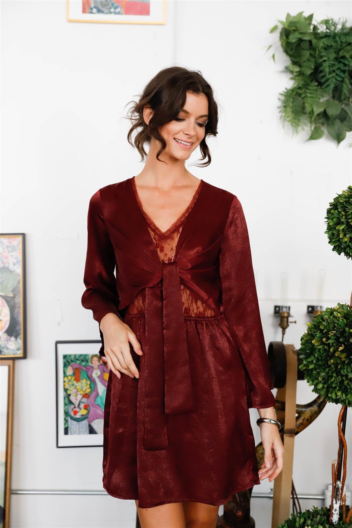 Wine Satin Effect Lace Bodice Detail Self-Tie Front Kimono Sleeve Mini Dress /1-2-2-1