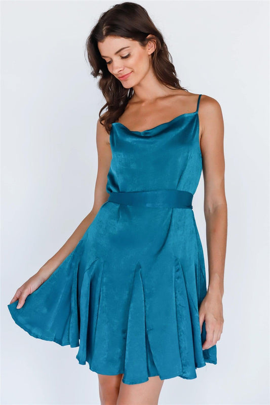 Teal Satin Effect Self-Tie Belt Flare Cowl Neck Mini Dress /1-2-2-1