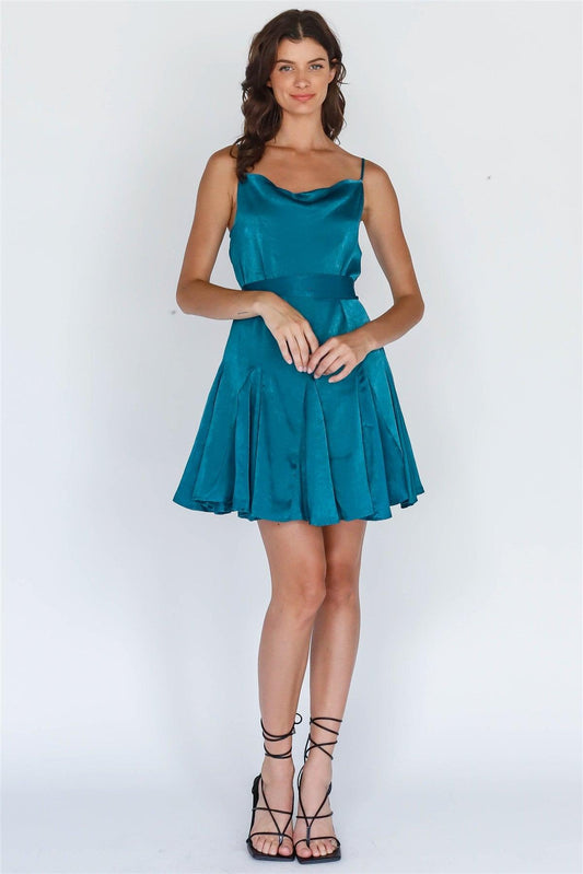 Teal Satin Effect Self-Tie Belt Flare Cowl Neck Mini Dress