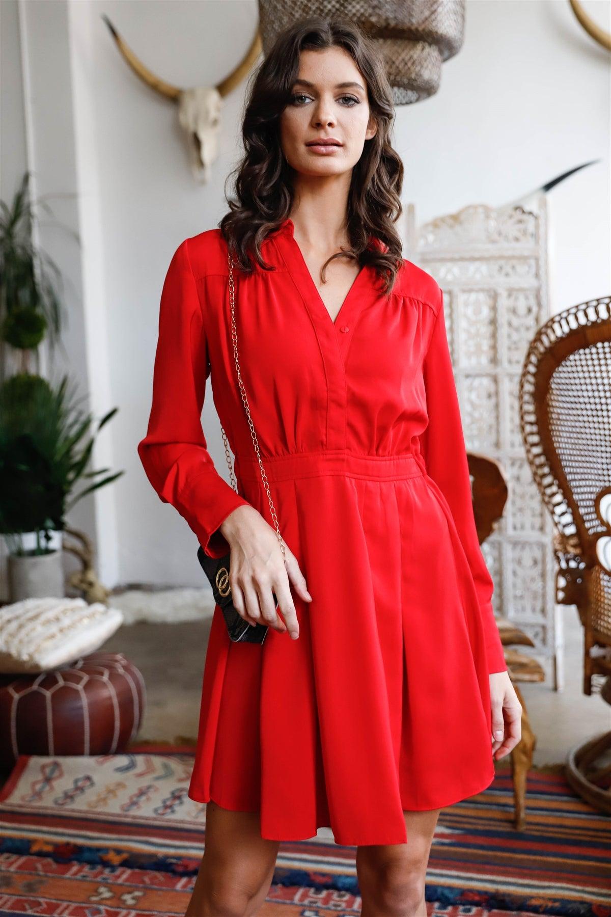 Red Collared Long Sleeve Pleated Mini Shirt Dress /1-2-2