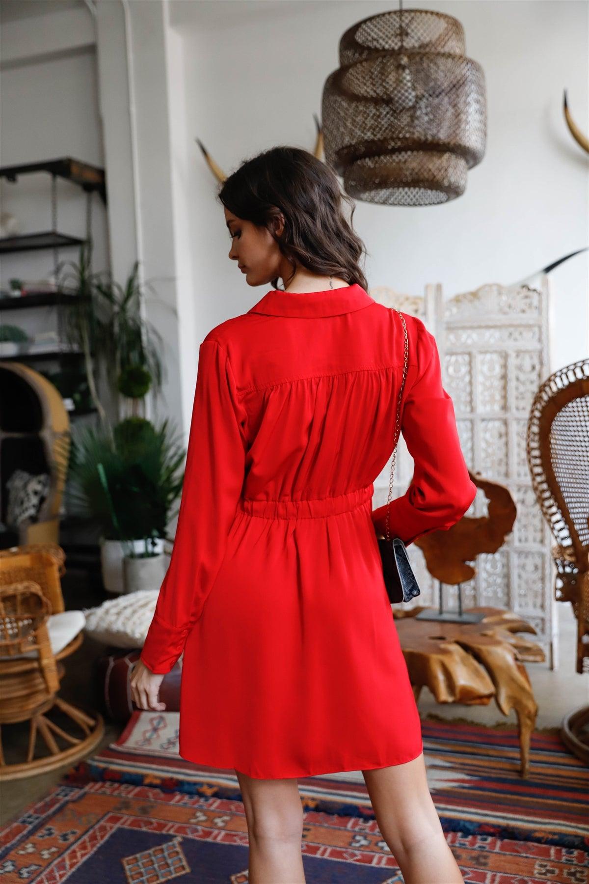 Red Collared Long Sleeve Pleated Mini Shirt Dress /1-2-2