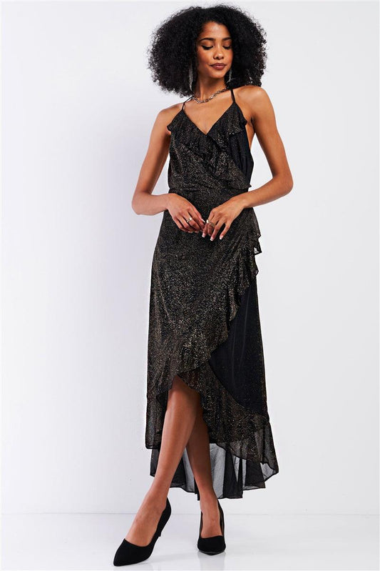 Black Gold Shiny Flounce Trim Asymmetrical Self-Tie Wrap Halter-Tie Neck Open Back Detail Midi Maxi Dress /1-2-2-1