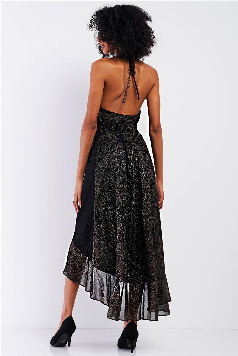 Black Gold Shiny Flounce Trim Asymmetrical Self-Tie Wrap Halter-Tie Neck Open Back Detail Midi Maxi Dress /1-2-2-1