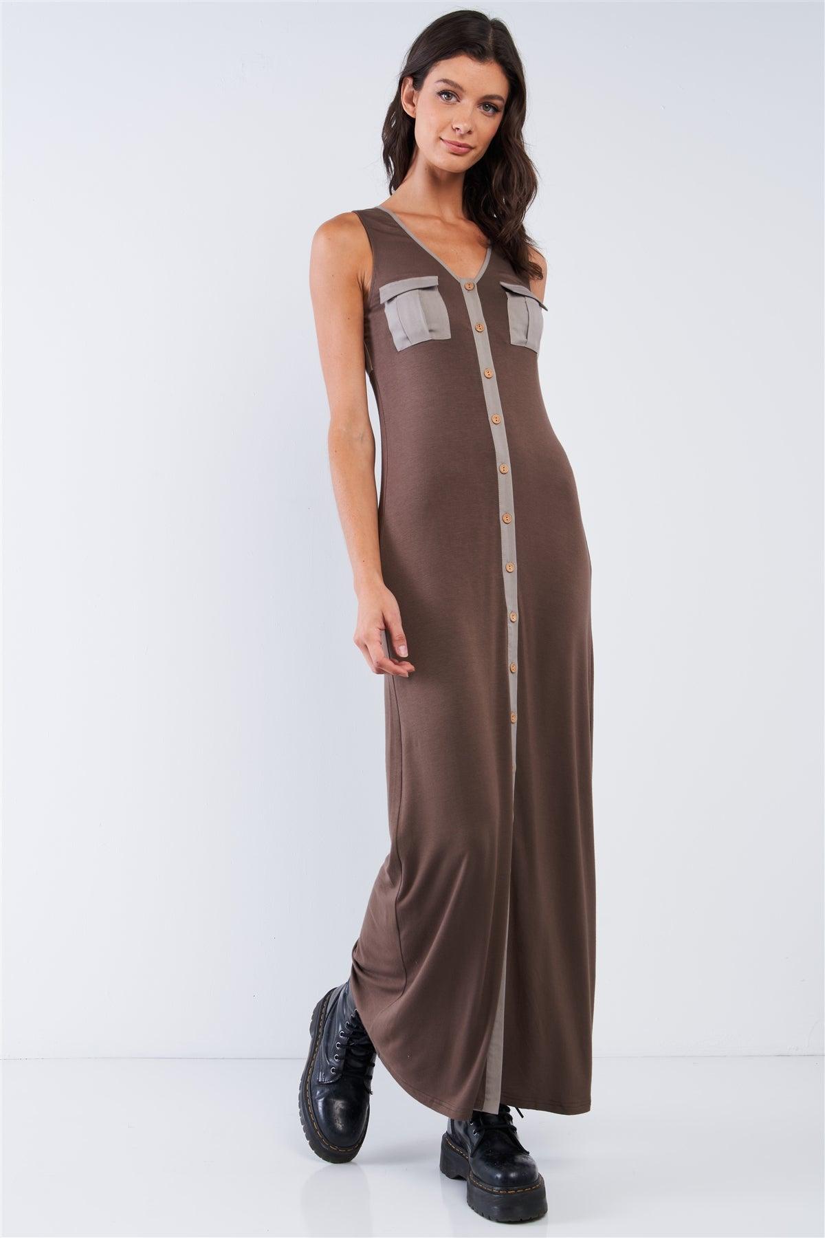 Olive Green Sleeveless V-Neck Button Down Stretchy Relaxed Fit Maxi With Two Safari Themed Pleated Breast Pockets /2-2-3