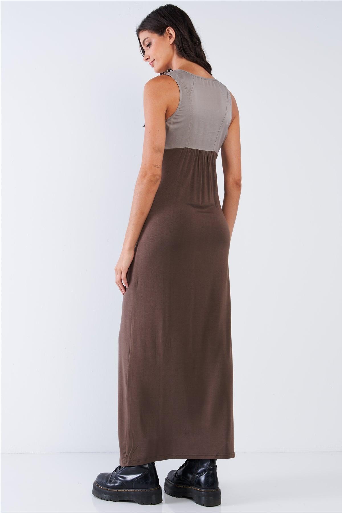 Olive Green Sleeveless V-Neck Button Down Stretchy Relaxed Fit Maxi With Two Safari Themed Pleated Breast Pockets /2-2-3