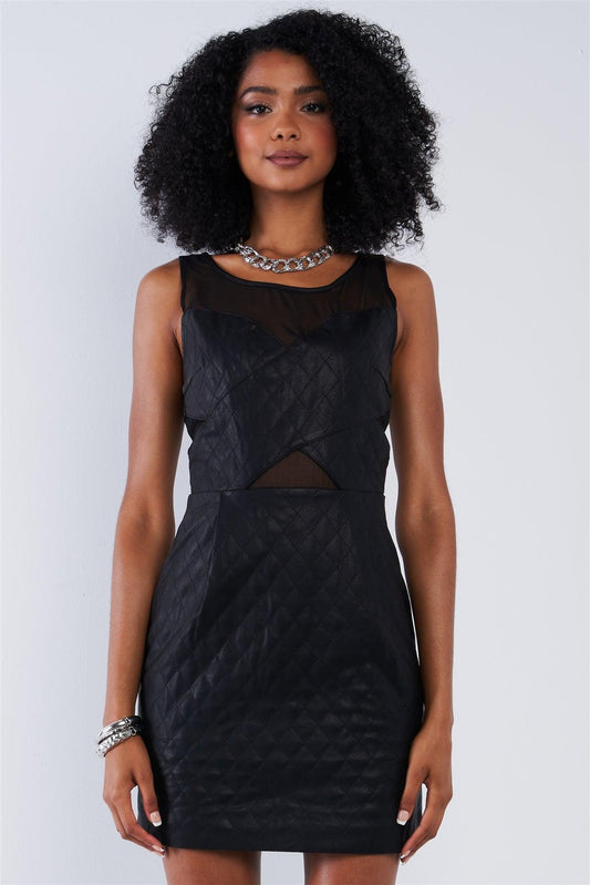 Black Quilted Vegan Leather Sweetheart Mesh Neckline Mini Dress