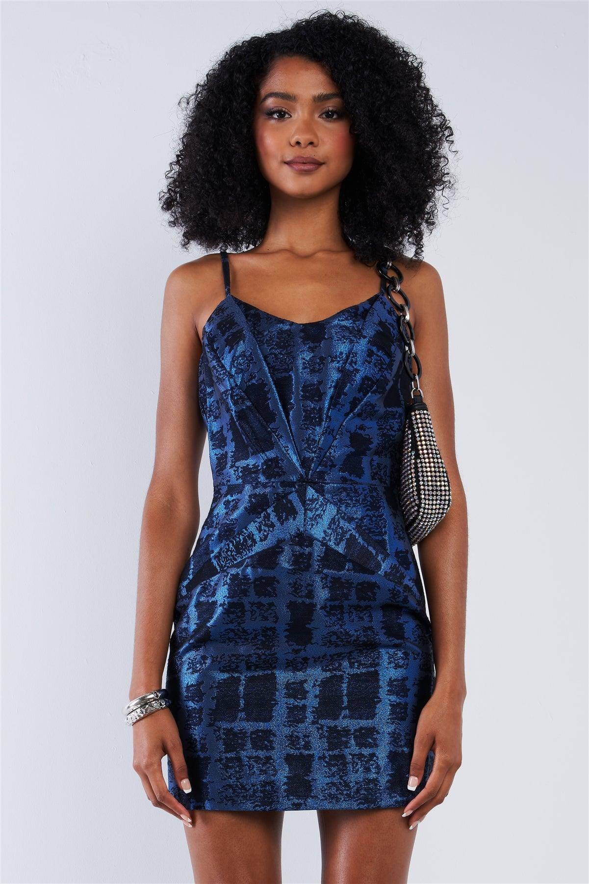 Cobalt Blue Black Pattern Printed Disco Mini Dress /1-2-2-2