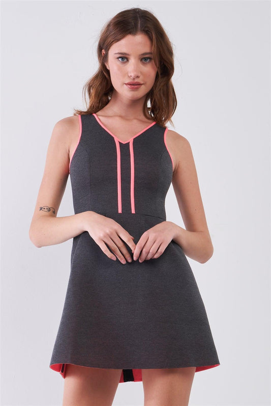 Charcoal & Pink V-Neck Sleeveless Foam Scuba Mini Dress /1-2-2-1