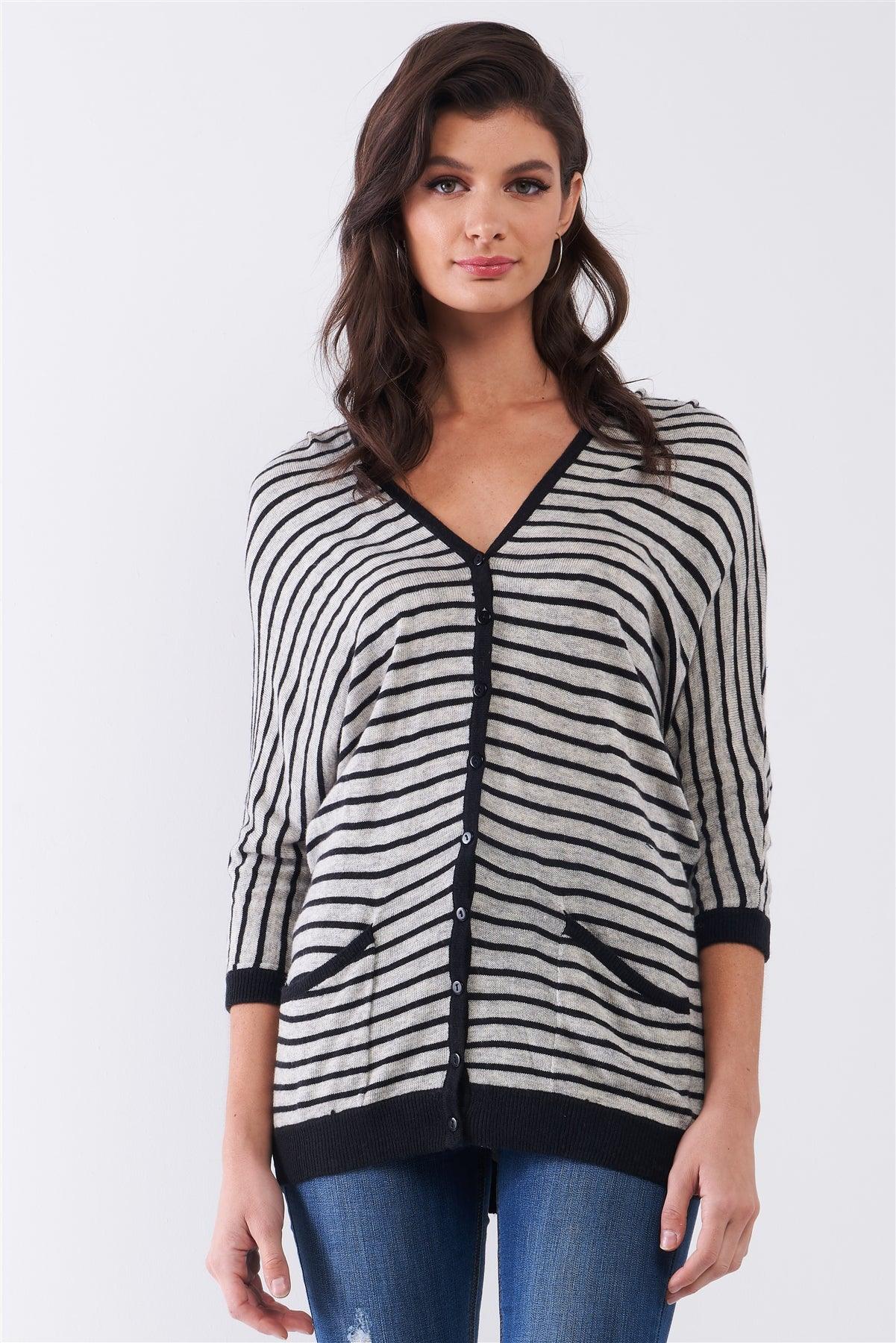 Grey Striped Button-Up Front Midi Sleeve Relaxed Cardigan Top /1-2-1