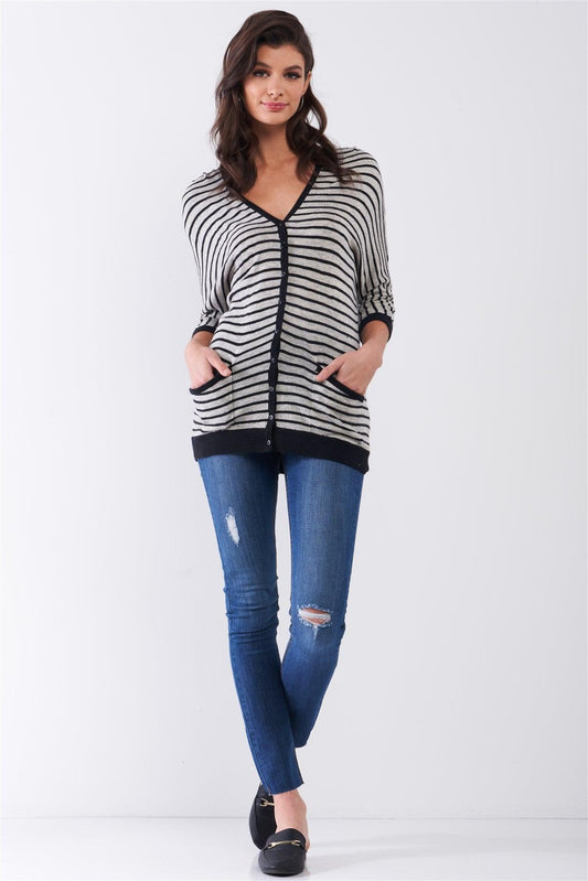 Grey Striped Button-Up Front Midi Sleeve Relaxed Cardigan Top /1-1-1-1