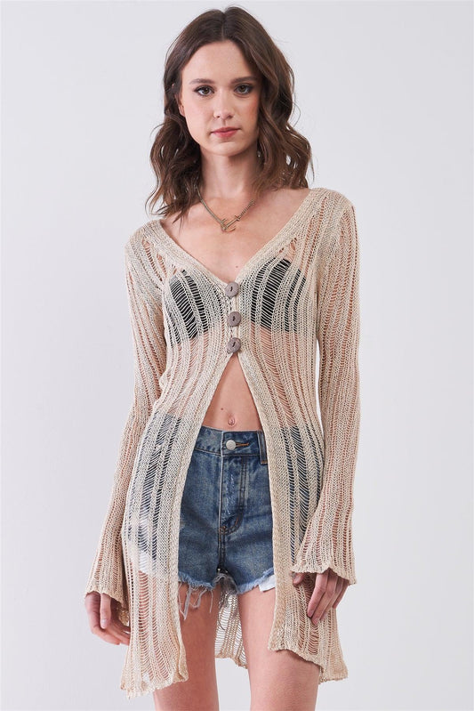 Birch Boho Long Sleeve Buttoned Front Macrame Knit Cardigan /3-3