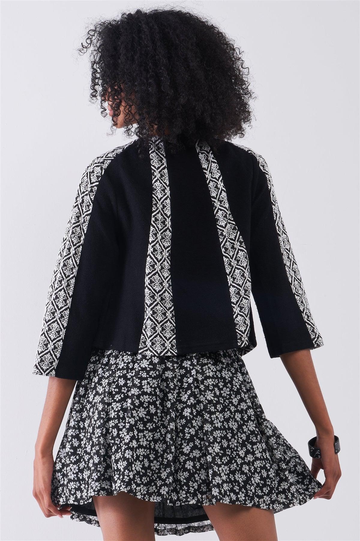 Black & White Damask Print Round Neck Open Front 3/4 Sleeve Cropped Jacket /1-2-2-1