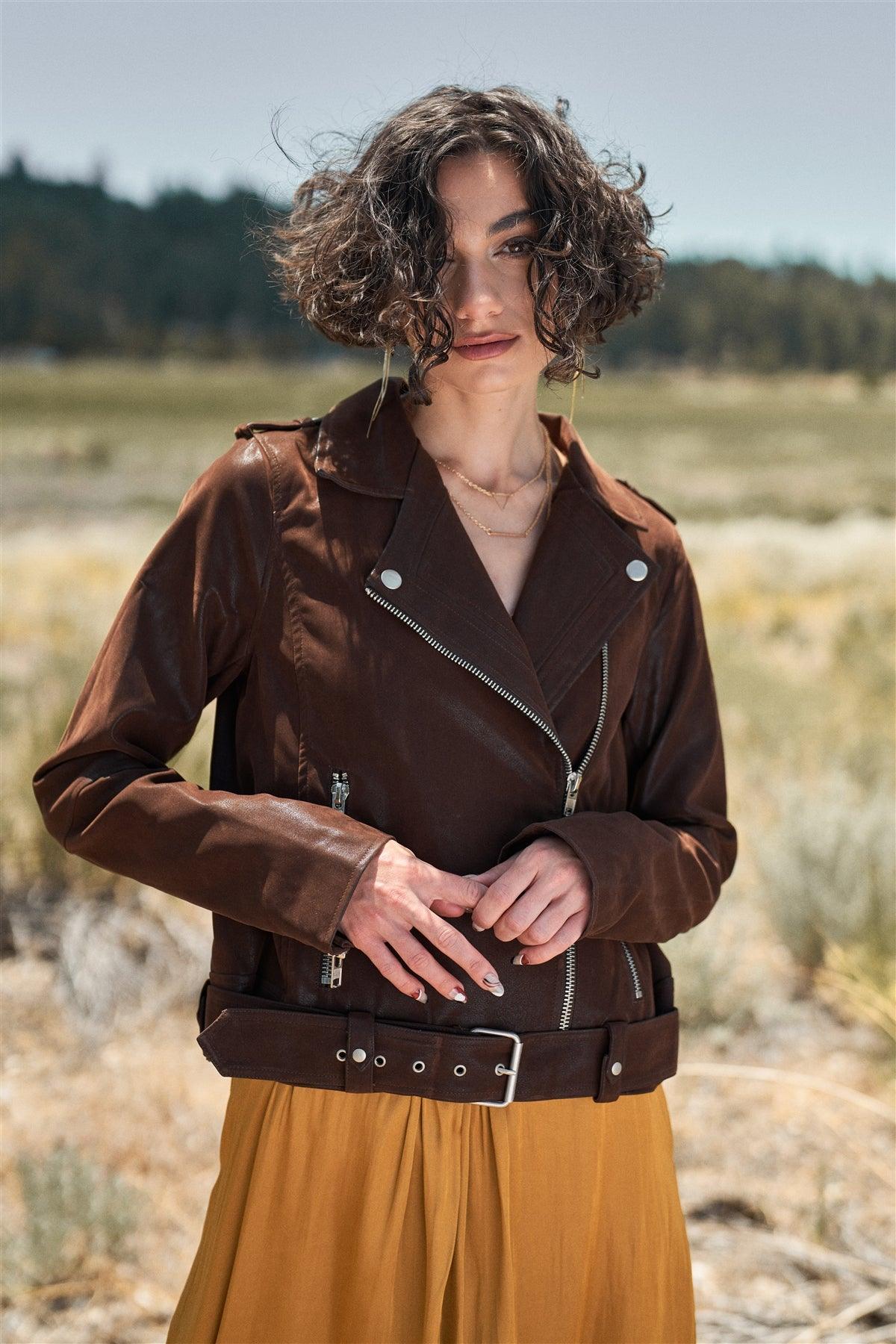 Brown Faux Suede Edgy Belted Hem Biker Jacket /1-1-2-1