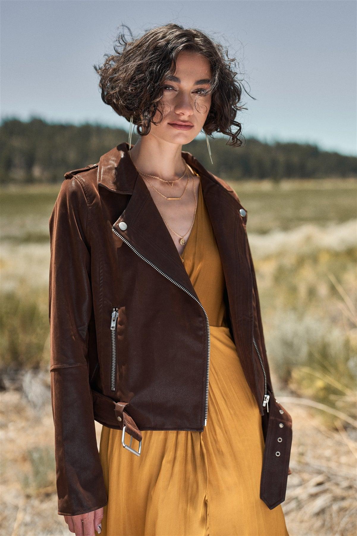 Brown Faux Suede Edgy Belted Hem Biker Jacket