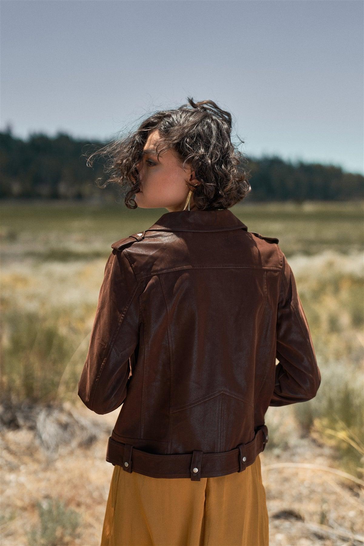 Brown Faux Suede Edgy Belted Hem Biker Jacket