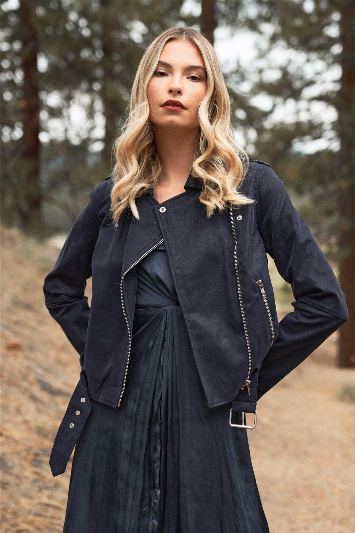 Deep Blue Faux Suede Edgy Belted Hem Biker Jacket /2-3-1