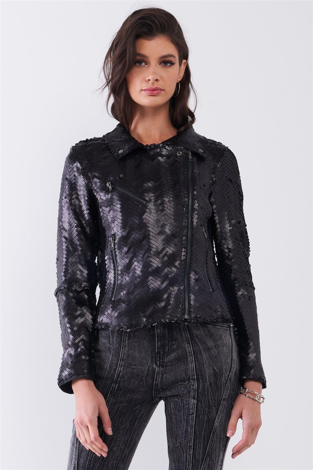 Black Matte Sequin Long Zip-Up Sleeve Oblique Zipper Front Detail Glam Jacket /1-2-2-1