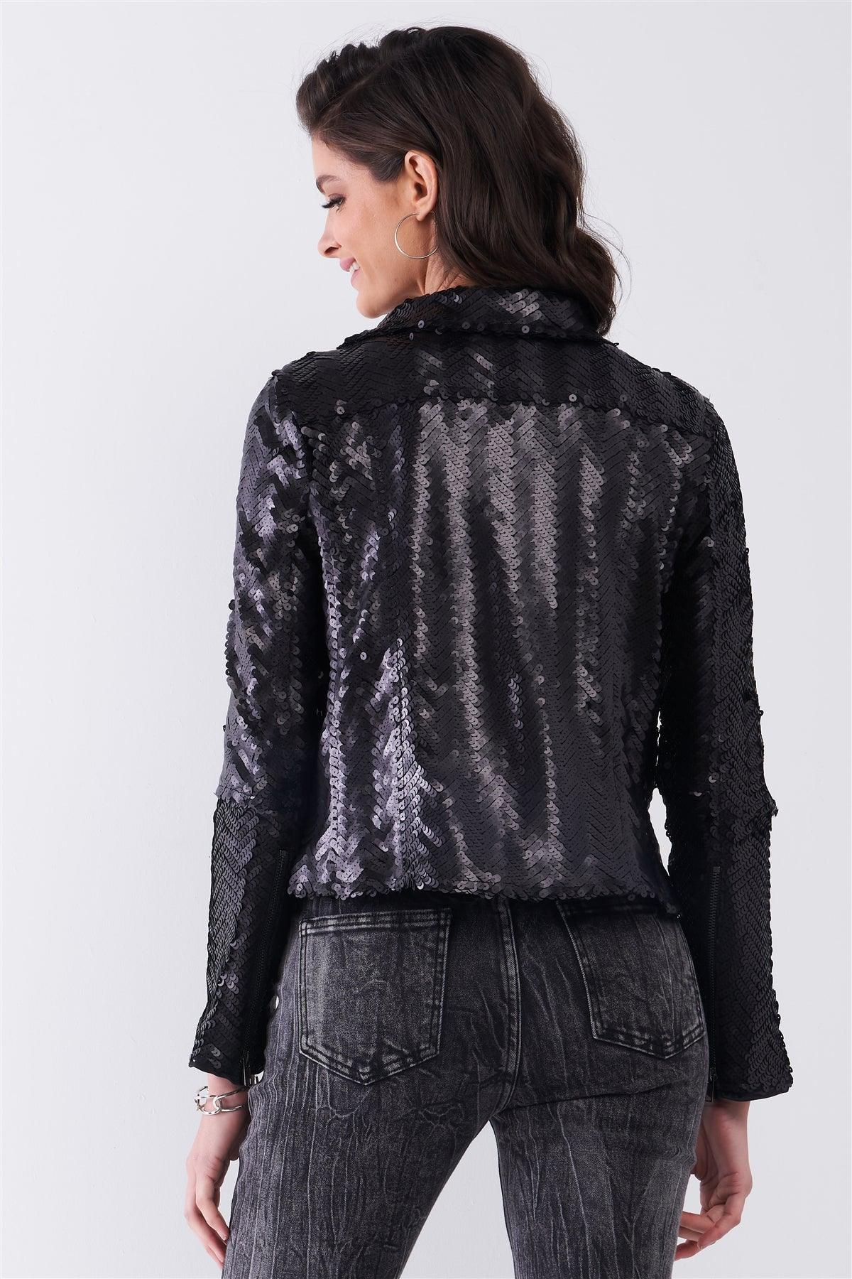 Black Matte Sequin Long Zip-Up Sleeve Oblique Zipper Front Detail Glam Jacket /1-2-2-1