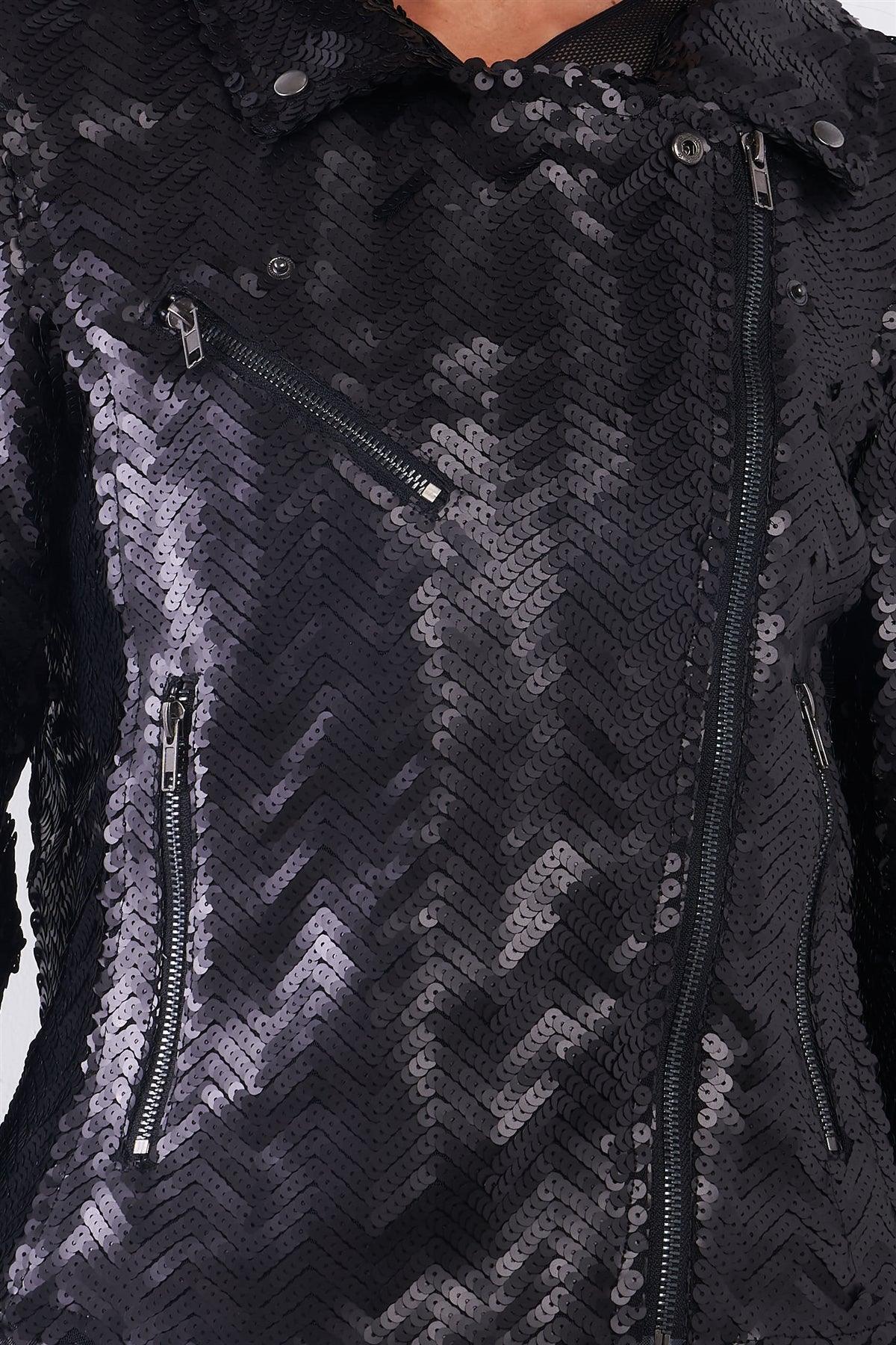 Black Matte Sequin Long Zip-Up Sleeve Oblique Zipper Front Detail Glam Jacket /1-2-2-1