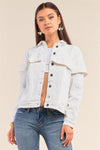 Solid White Long Sleeve Button Down Ruffle Hem Denim Jacket /1-2-2-1