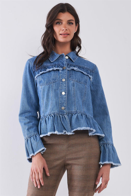 Denim-Blue Long Sleeve Raw Ruffle Hem Jacket /1-1-2-1